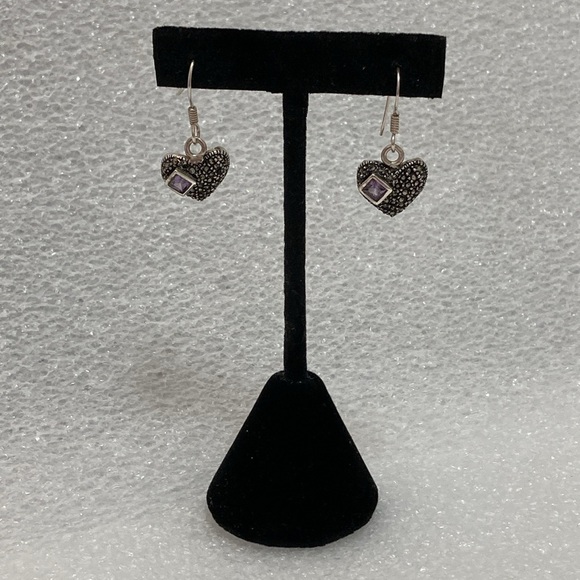 NWOT - Sterling Silver Marcasite Heart & Amethyst Gem Drop French Hook Earrings* - Picture 5 of 8